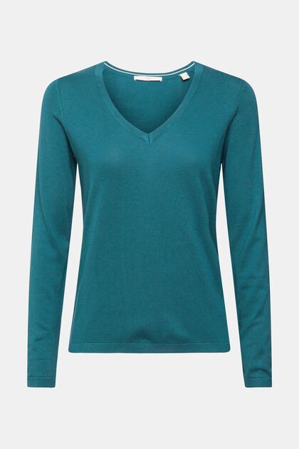 Basic V-Neck-Pullover,-Baumwoll-Mix, TEAL GREEN, overview