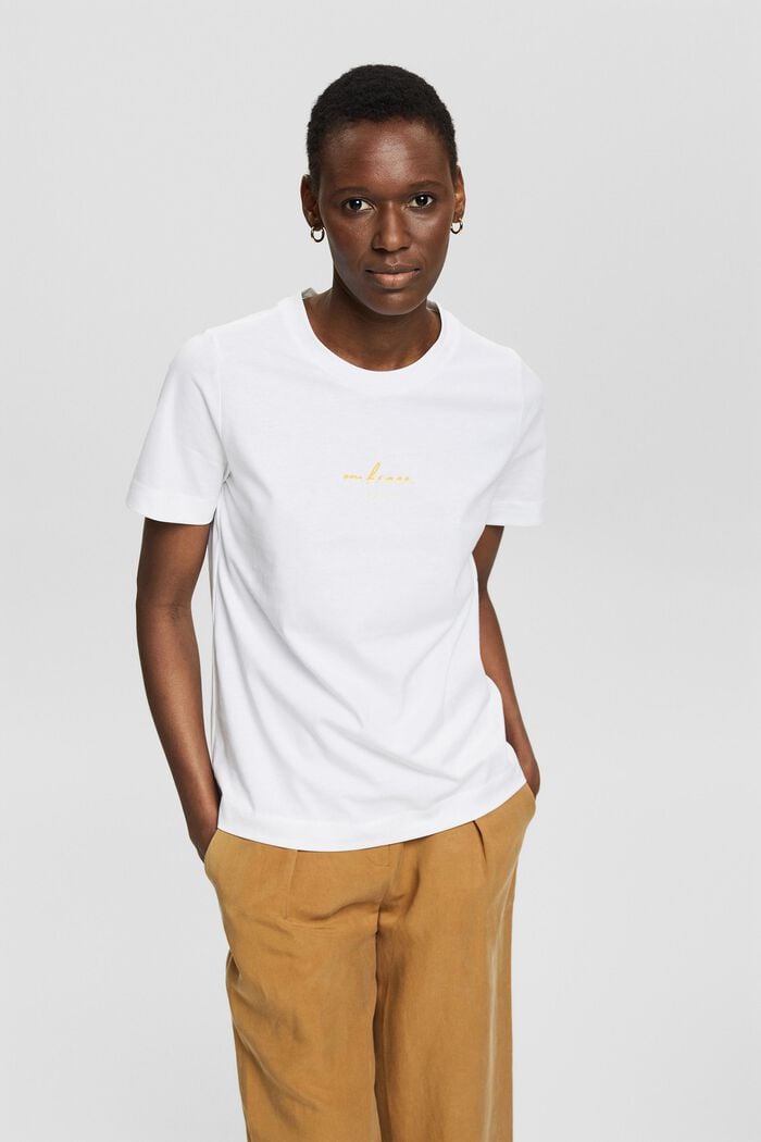 T-Shirt mit Wording-Stickerei, Bio-Baumwolle, WHITE, detail image number 0