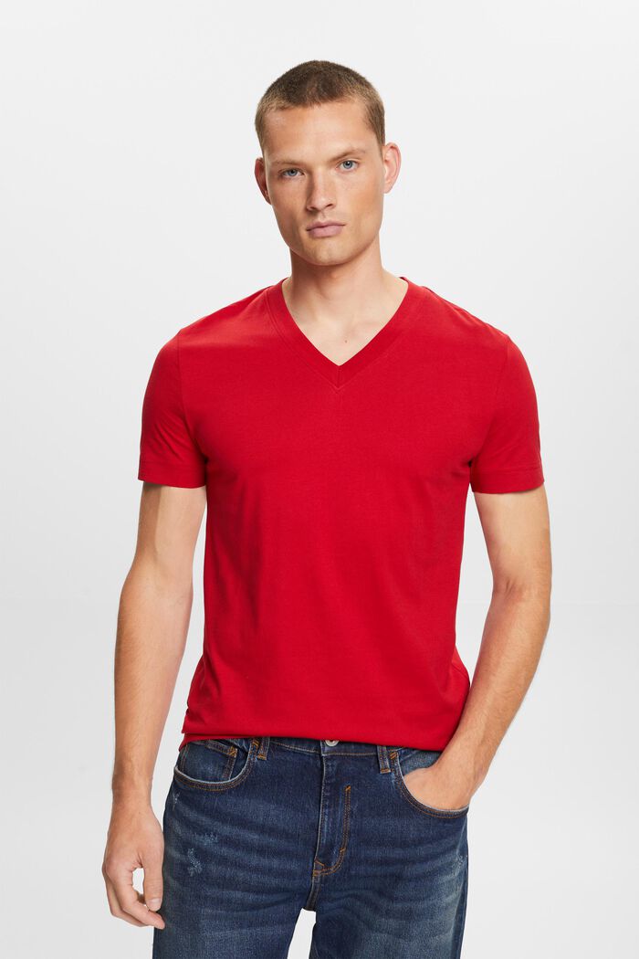 Jersey-T-Shirt mit V-Ausschnitt, 100 % Baumwolle, DARK RED, detail image number 0