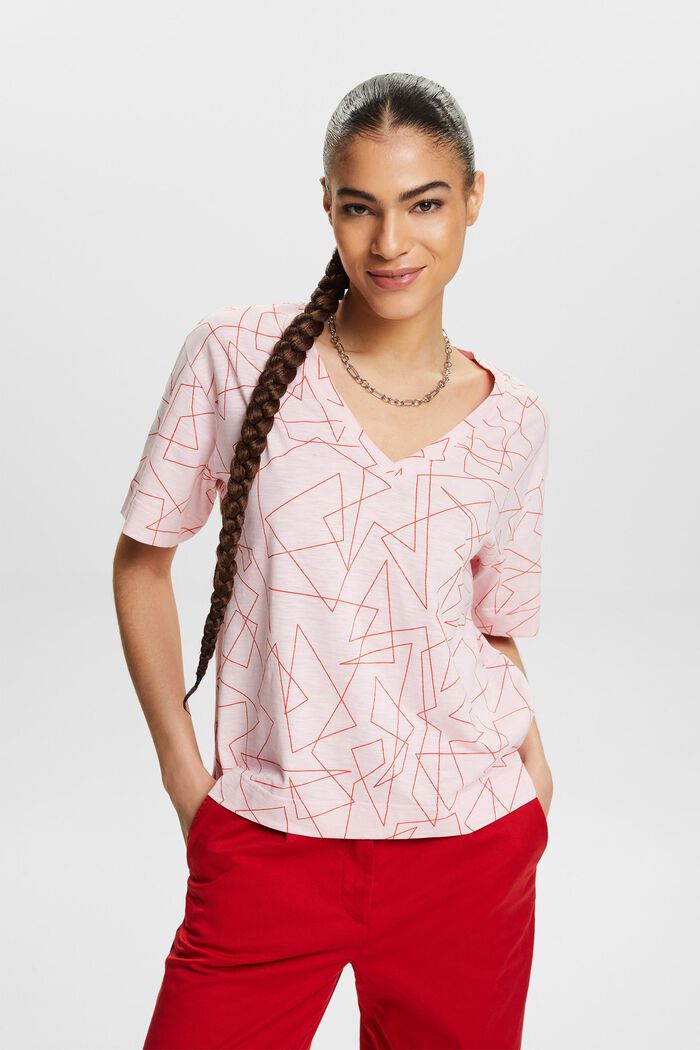 Baumwoll-T-Shirt mit V-Ausschnitt und Print, LIGHT PINK, detail image number 0