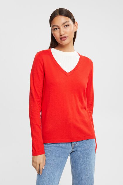 Basic V-Neck-Pullover,-Baumwoll-Mix, RED, overview