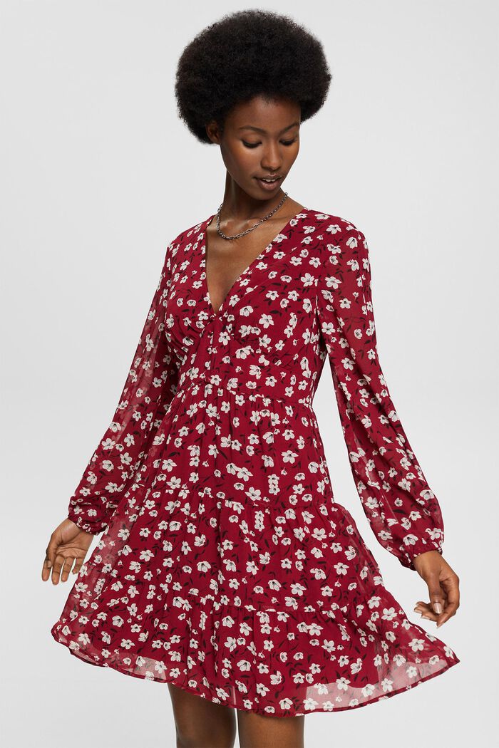 Kleid mit V-Ausschnitt und Allover-Print, CHERRY RED, detail image number 4