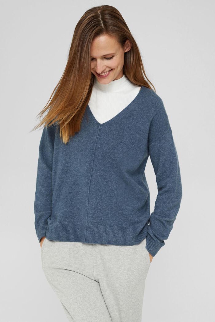 Mit Wolle: V-Neck-Pullover, GREY BLUE, detail image number 0