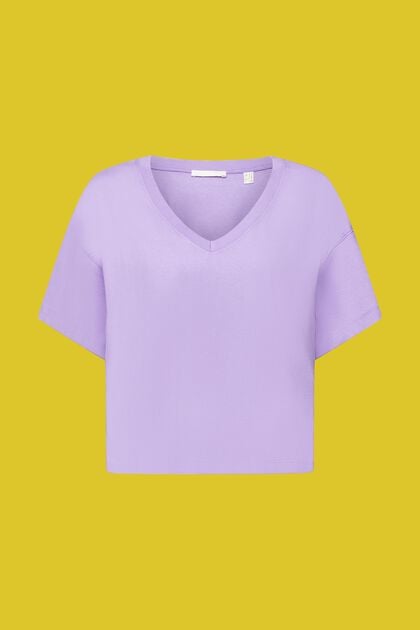 T-Shirt mit V-Ausschnitt aus Baumwolle, PURPLE, overview