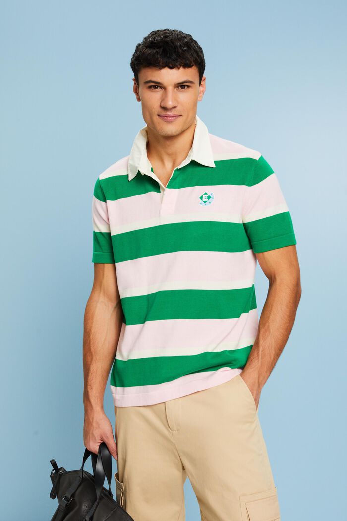 Gestreiftes Baumwoll-T-Shirt mit Logo und Polokragen, GREEN, detail image number 0