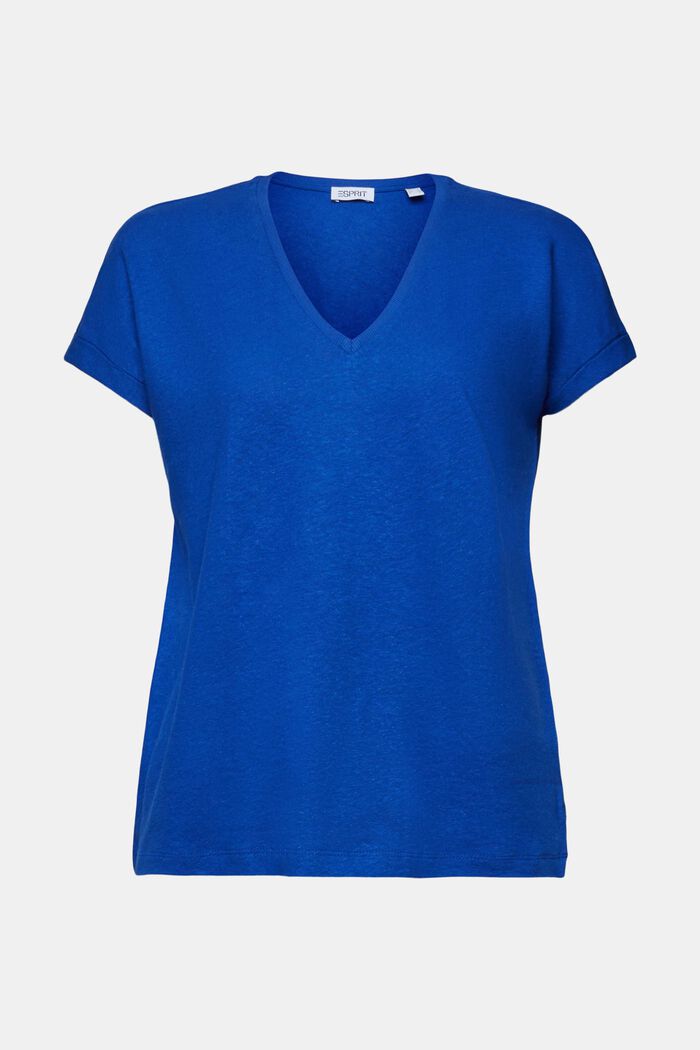 T-Shirt mit V-Ausschnitt aus Baumwolle-Leinen-Mix, BRIGHT BLUE, detail image number 5