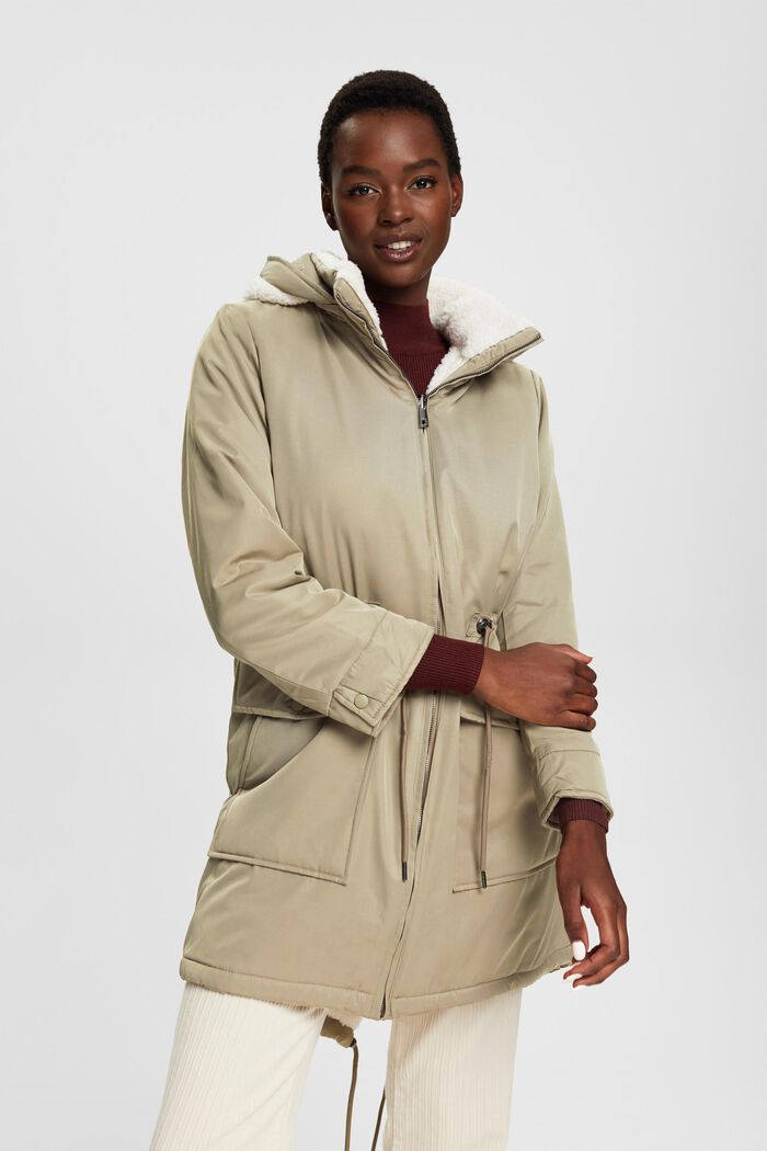 ESPRIT - Kunstfell gefütterter Mantel mit abnehmbarer Kapuze in unserem  Online Shop | Parkas