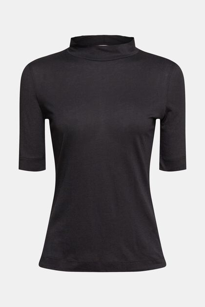 T-Shirt mit Stehkragen, TENCEL™, BLACK, overview