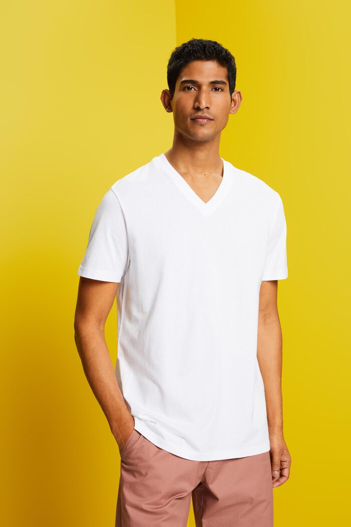 T-Shirt mit V-Ausschnitt aus Pima-Baumwolle, WHITE, detail image number 0
