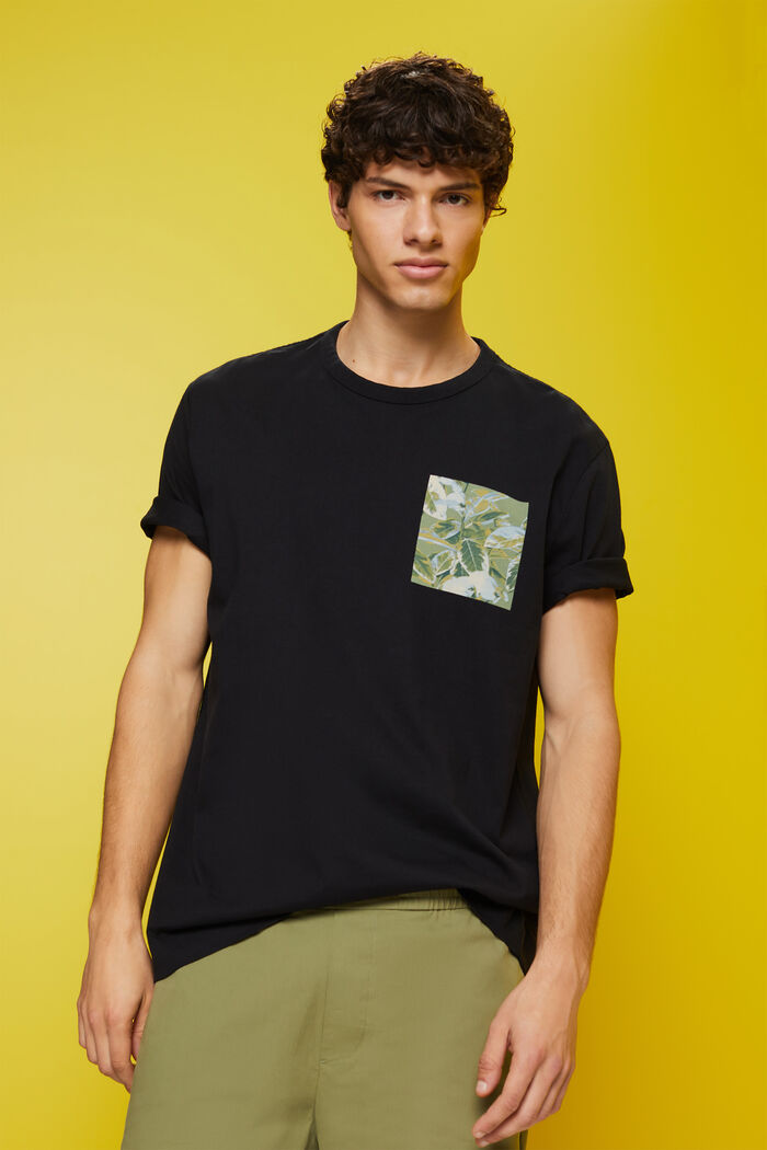 Jersey-T-Shirt mit Brust-Print, 100 % Baumwolle, BLACK, detail image number 0