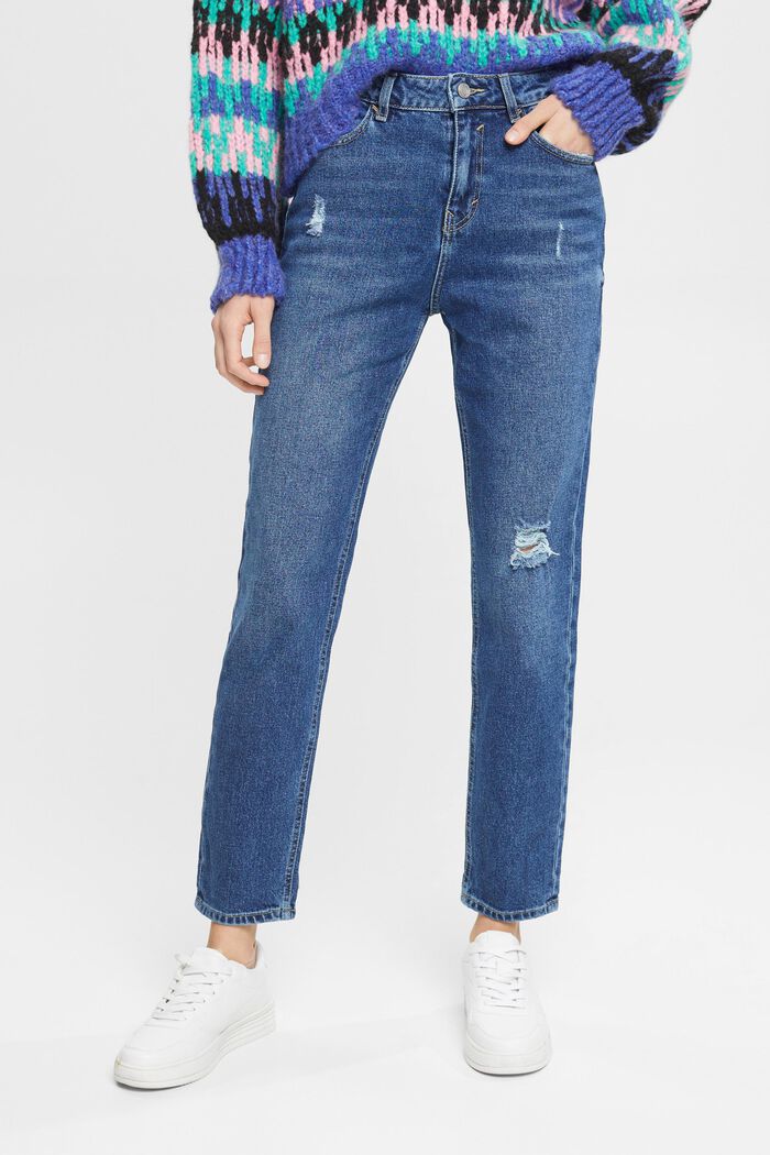 High-Rise Boyfriend Jeans mit Ripped-Details, BLUE DARK WASHED, detail image number 0