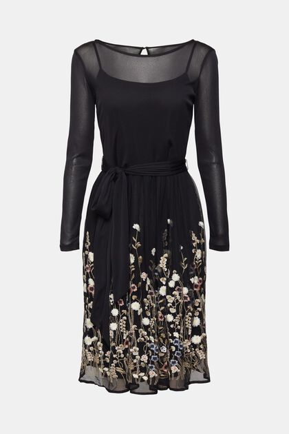 Mesh-Kleid mit Blüten-Stickerei, BLACK, overview