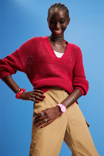 V-Ausschnitt-Pullover aus nachhaltiger Baumwollle, DARK RED, overview