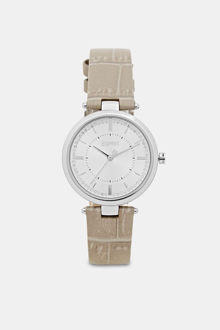 Edelstahl-Uhr mit strukturiertem Lederarmband, GREY, detail image number 0