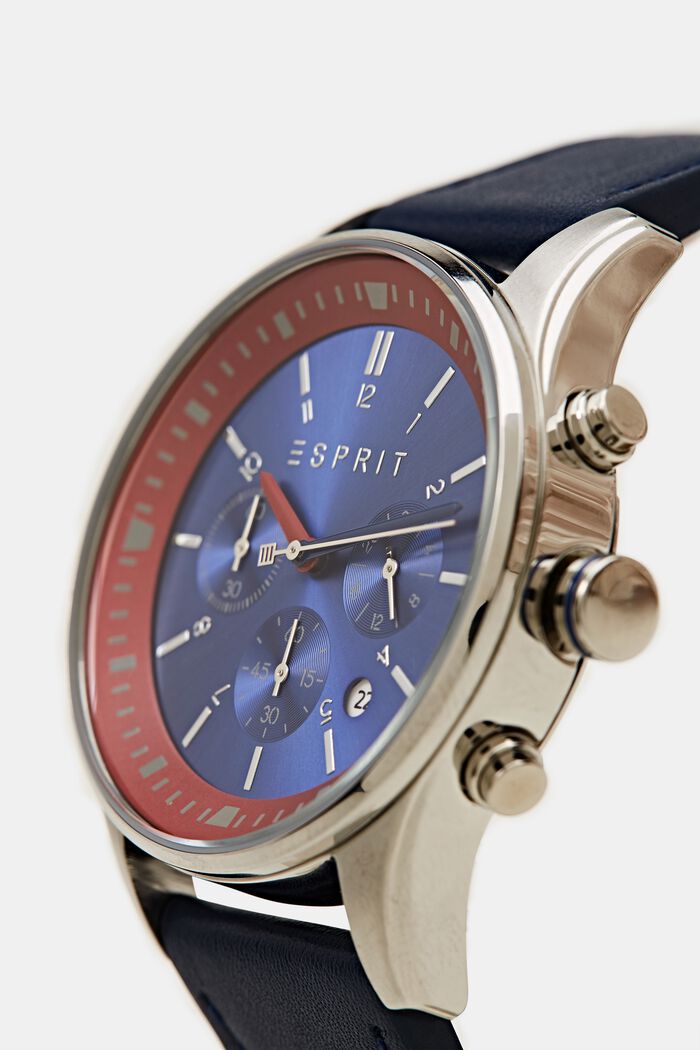 Edelstahl-Chronograph mit Leder-Armband, BLUE, detail image number 1