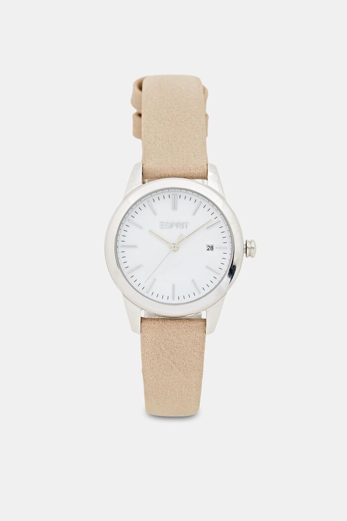 Edelstahl-Uhr mit Armband in Lederoptik, BEIGE, overview