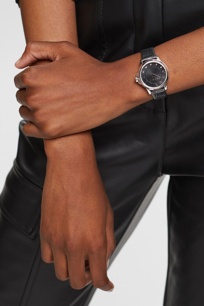 Edelstahluhr mit Leder-Armband, BLACK, detail image number 2