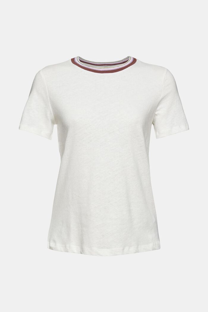 Mit Leinen: T-Shirt mit gestreiftem Ausschnitt, OFF WHITE, overview