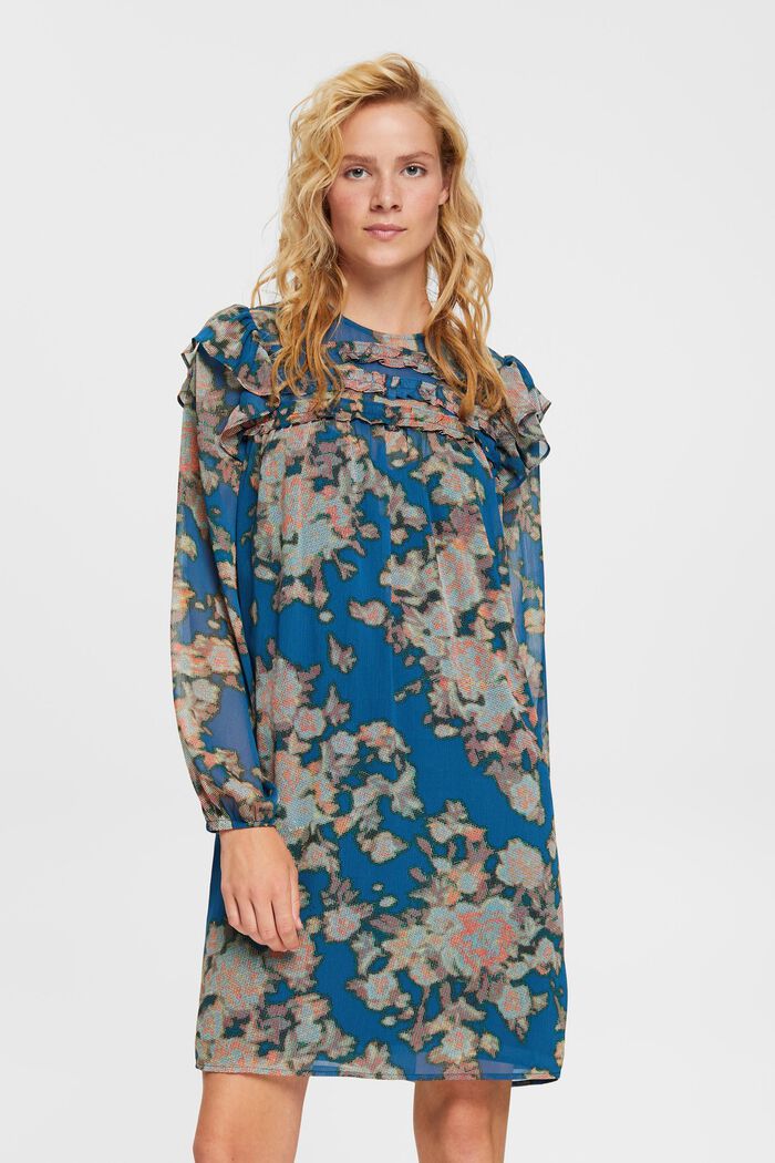 Chiffon-Kleid mit Muster, TEAL BLUE, detail image number 0