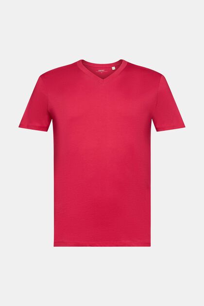 T-Shirt aus Baumwolle mit V-Ausschnitt, Slim Fit, DARK PINK, overview