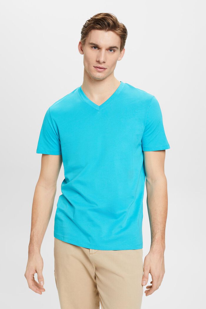 T-Shirt aus Baumwolle mit V-Ausschnitt, Slim Fit, AQUA GREEN, detail image number 0