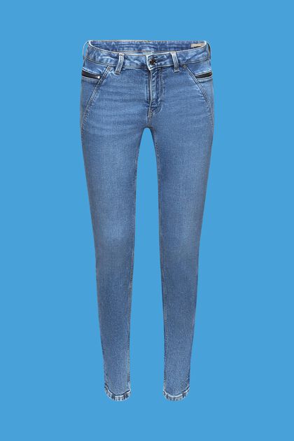 Skinny-Jeans mit mittelhohem Bund und Ziptaschen, BLUE MEDIUM WASHED, overview