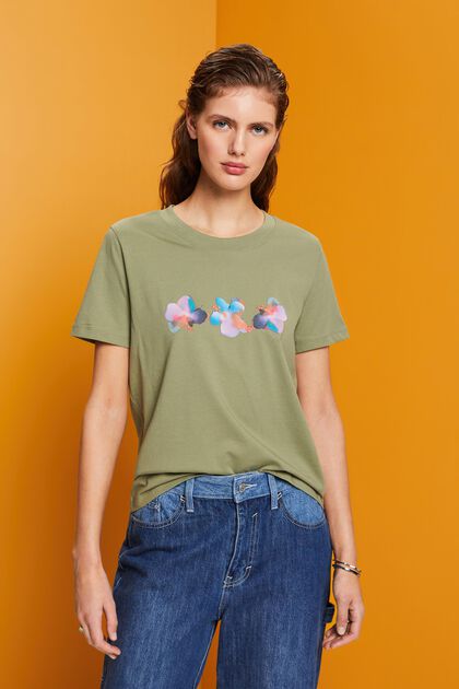 Baumwoll-T-Shirt mit Blumenprint, LIGHT KHAKI, overview