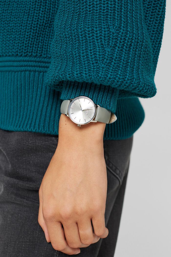 Edelstahl-Uhr mit Leder-Armband, SILVER, detail image number 2