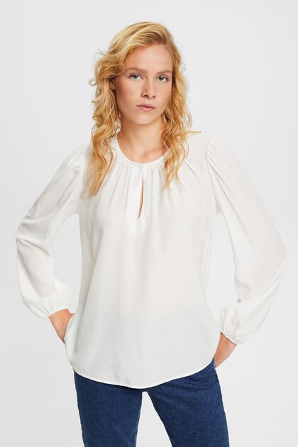 Bluse mit Keyhole-Detail, LENZING™ ECOVERO™, OFF WHITE, overview