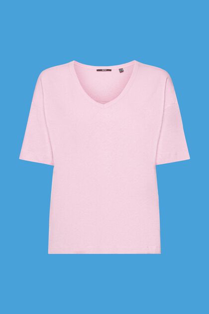 T-Shirt mit V-Ausschnitt aus Leinen-Mix, LIGHT PINK, overview