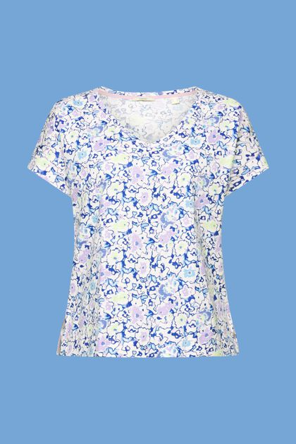 Baumwoll-T-Shirt mit V-Ausschnitt und Allover-Muster, OFF WHITE, overview