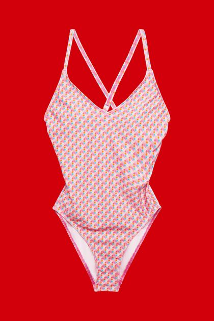 Wattierter Badeanzug mit geometrischem Muster, PINK FUCHSIA, overview
