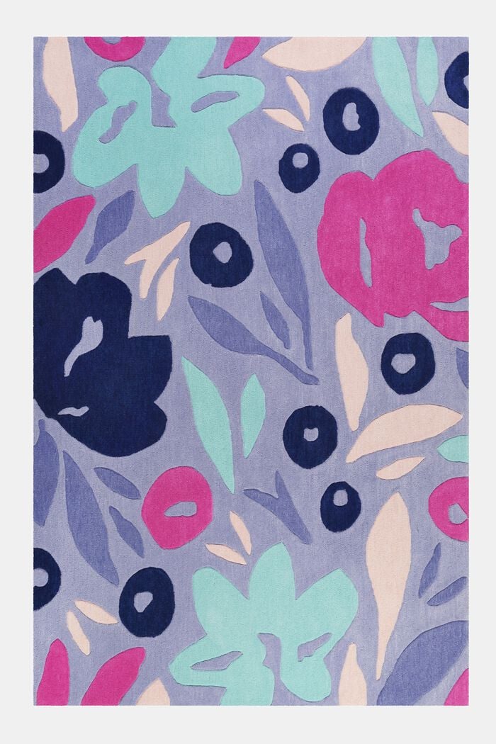 Handgetufteter Kurzflor-Teppich mit Blüten-Muster, BLUE, detail image number 0