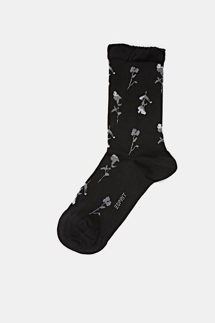 Socken mit Blumenmuster und fluffigem Bündchen, BLACK, detail image number 0