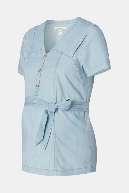Bluse mit V-Ausschnitt und Knöpfen, blue light washed, overview