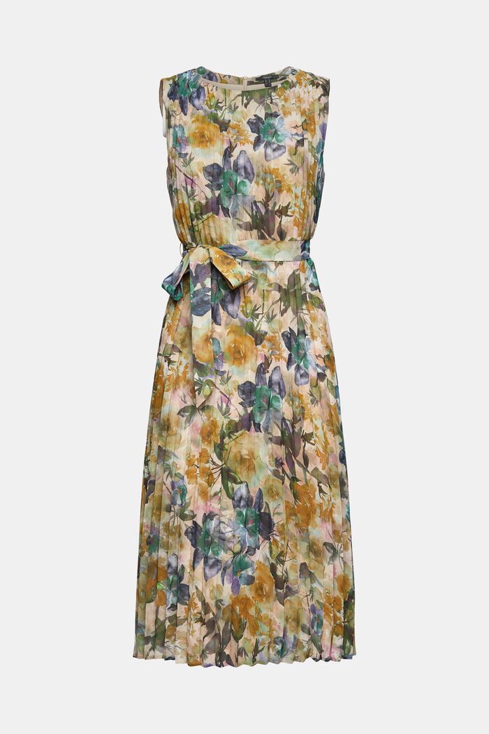 Recycelt: Plissiertes Kleid mit Blumenprint, OFF WHITE, overview
