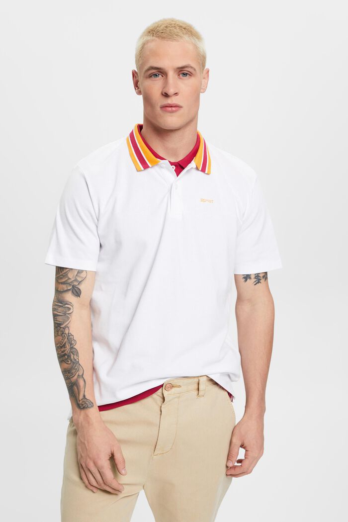 Poloshirt aus Baumwoll-Piqué mit Streifenkragen, WHITE, detail image number 0