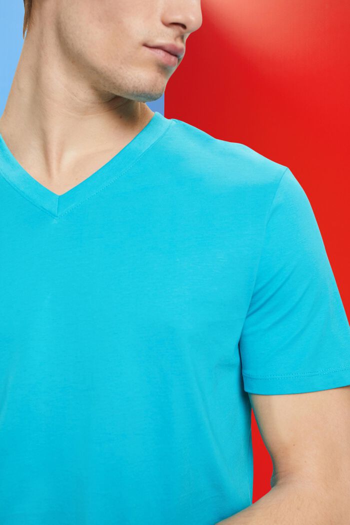 T-Shirt aus Baumwolle mit V-Ausschnitt, Slim Fit, AQUA GREEN, detail image number 2