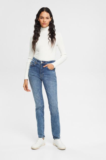 High Rise Jeans mit Washed-Out-Effect, BLUE MEDIUM WASHED, overview