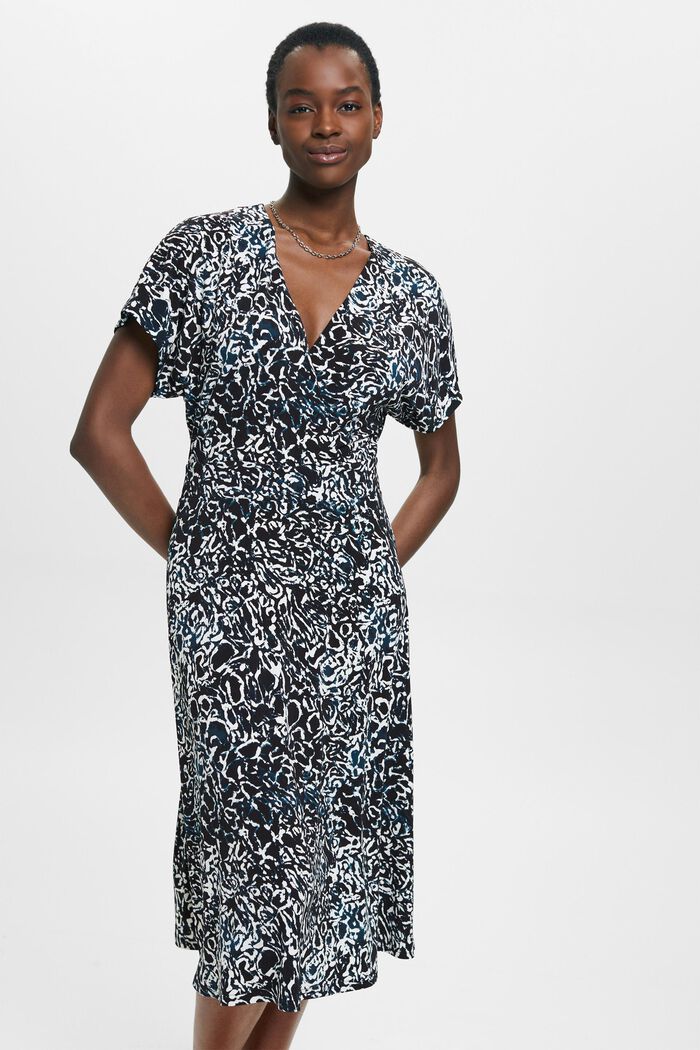 Jerseykleid mit V-Ausschnitt und Allover-Print, BLACK, detail image number 0