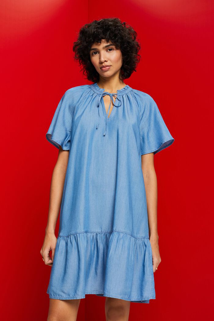 Chambray-Kleid mit Rüschenbesatz am Nackenbindeband, TENCEL™, BLUE MEDIUM WASHED, detail image number 0