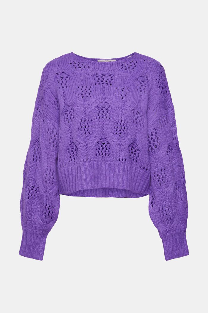 Cropped Zopfstrickpullover mit Wolle, PURPLE, detail image number 6