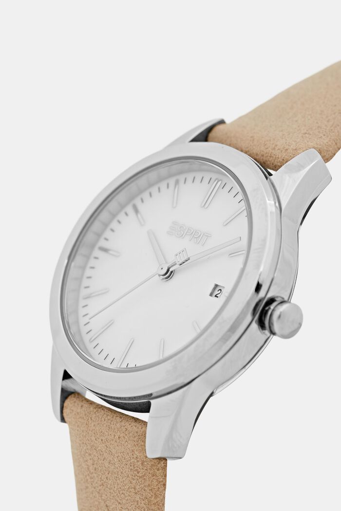 Edelstahl-Uhr mit Armband in Lederoptik, BEIGE, detail image number 1