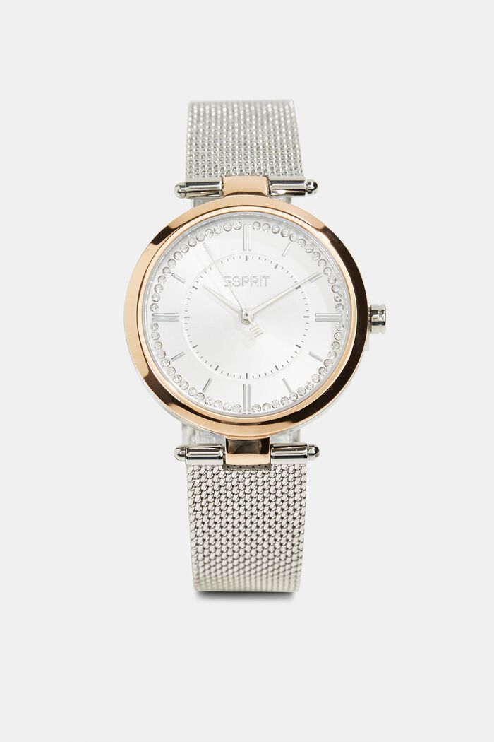 Edelstahl-Uhr mit Zirkonia und Mesh-Armband, SILVER, detail image number 0