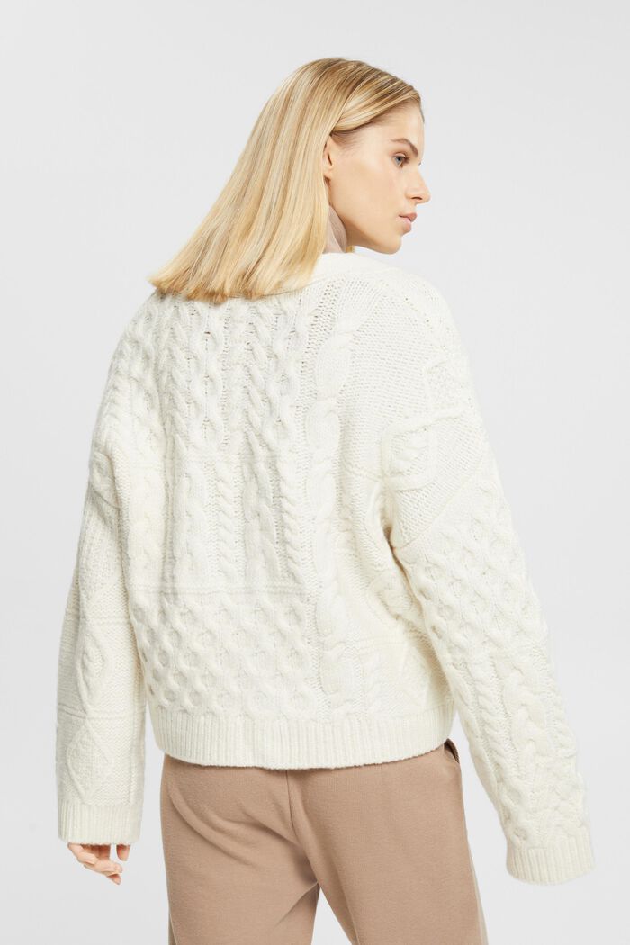 Strick-Cardigan mit Zopfmuster aus Wollmix, OFF WHITE, detail image number 3