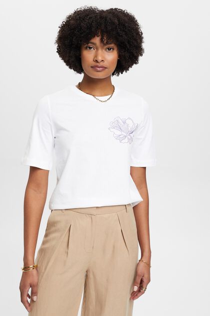 Baumwoll-T-Shirt mit floraler Stickerei, OFF WHITE, overview