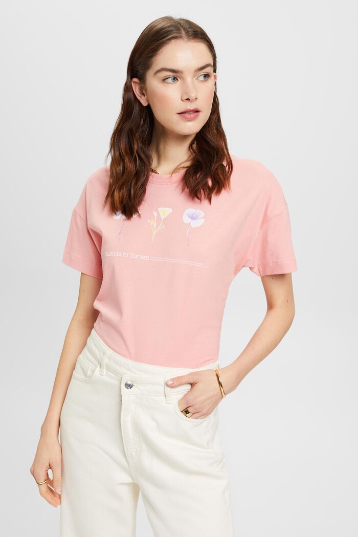 T-Shirt mit floralem Print auf der Brust, PINK, detail image number 0