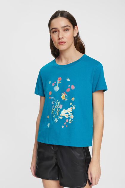 T-Shirt mit Blumen-Print, TEAL BLUE, overview