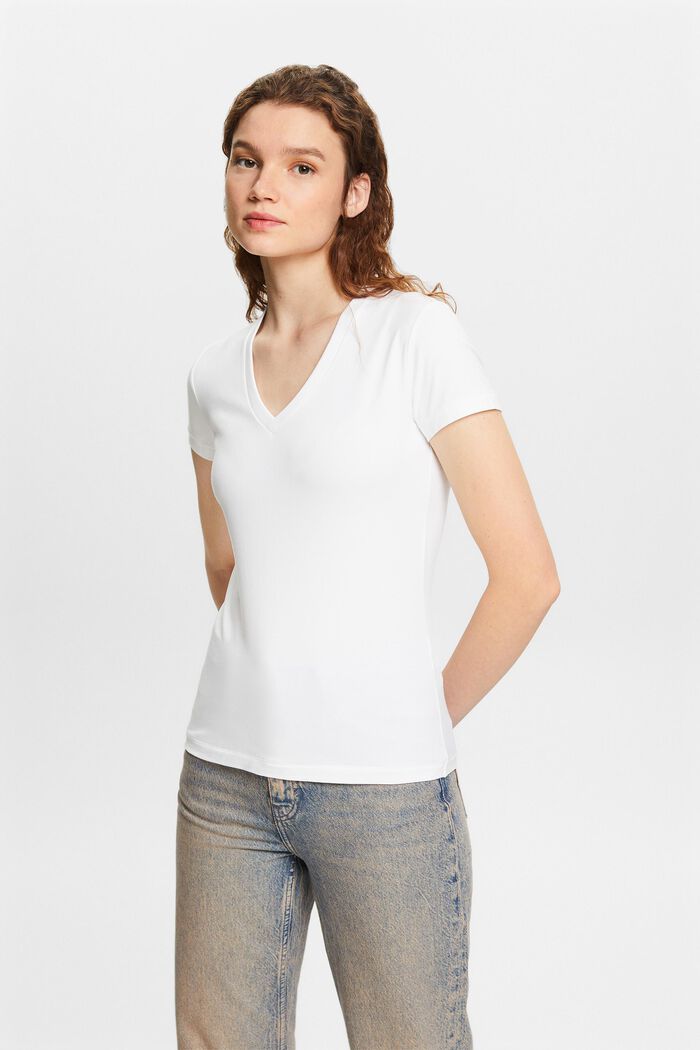 Jersey-T-Shirt mit V-Ausschnitt, WHITE, detail image number 0