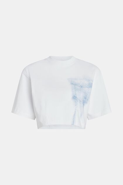 Denim Not Denim Cropped-T-Shirt mit Indigo-Print, WHITE, overview
